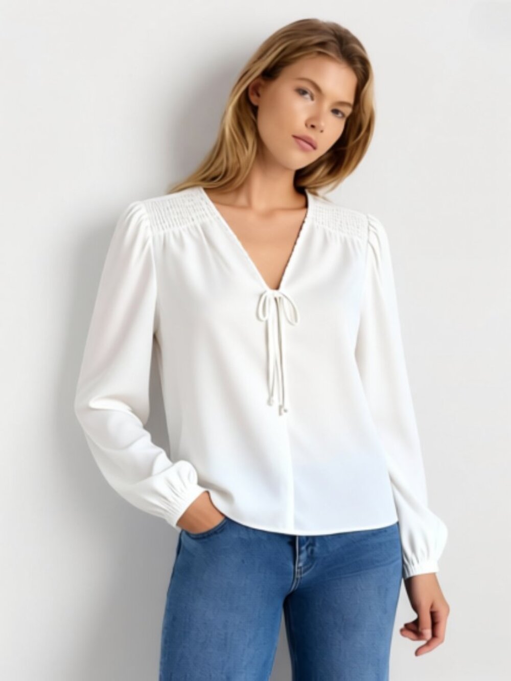 Nicole Miller Womens Top Blouse Long Sleeves Front Tie Cannoli Cream Size L  NWT